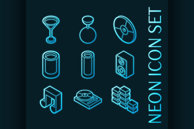 Night club set icons. Blue glowing neon style