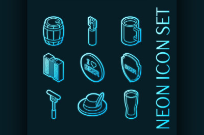 October fest set icons. Blue glowing neon style.