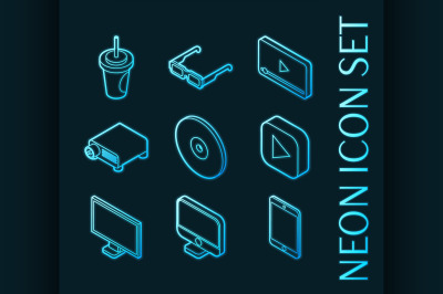 Online cinema set icons. Blue glowing neon style