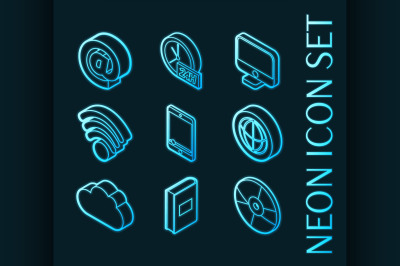 Online library set icons. Blue glowing neon style