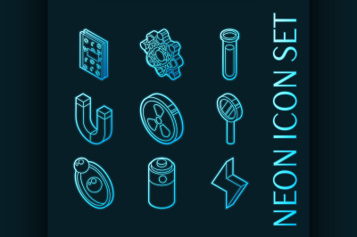 Physics set icons. Blue glowing neon style