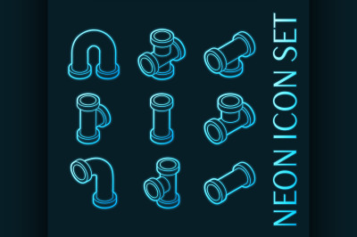 Pipes set icons. Blue glowing neon style
