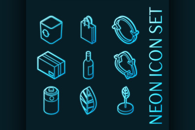 Recycling set icons. Blue glowing neon style