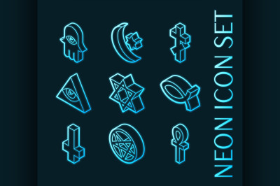 Religions set icons. Blue glowing neon style.