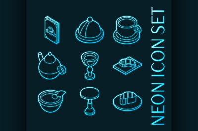 Restaurant set icons. Blue glowing neon style