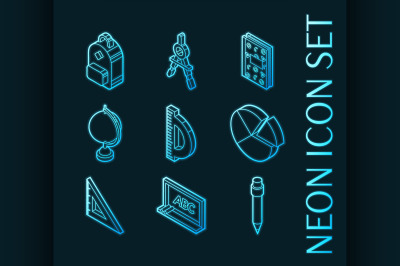 School set icons. Blue glowing neon style