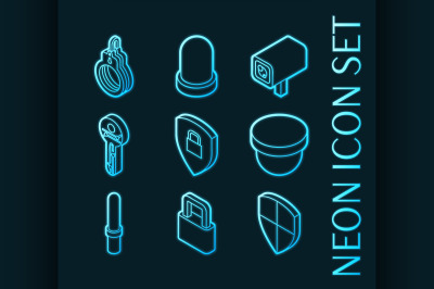Security set icons. Blue glowing neon style