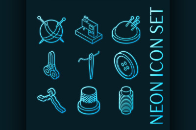 Sewing set icons. Blue glowing neon style