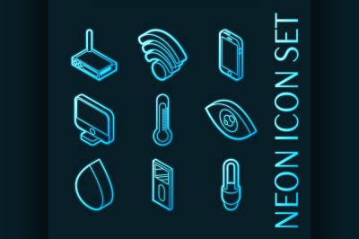 Smart home set icons. Blue neon style