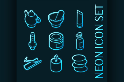 Spa set icons. Blue glowing neon style
