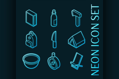 Survival kit set icons. Blue glowing neon style