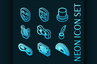 Theatre set icons. Blue glowing neon style