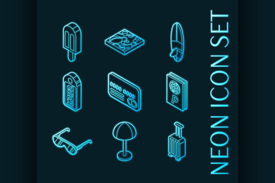 Set of Tourism icons. Blue neon style.