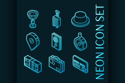 Traveling set icons. Blue glowing neon style