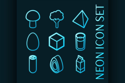 Vegeterian set icons. Blue glowing neon style