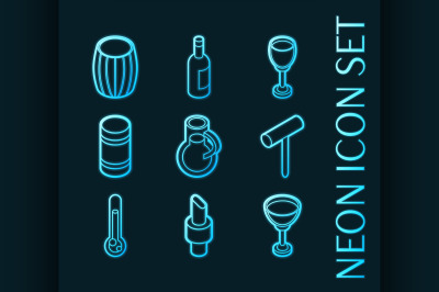 Wine set icons. Blue glowing neon style.
