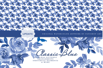 Classic Blue Watercolor Floral Clipart