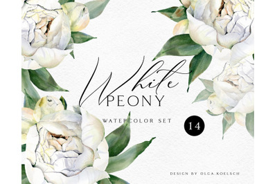 Watercolor white floral clipart. White  peony flower wedding clipart