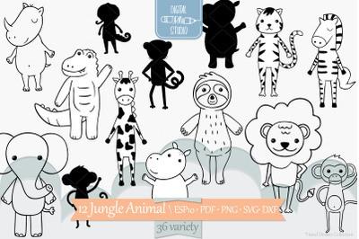 Jungle Animal Characters | Hand Drawn Elephant &amp; Lion  | Cute Tiger