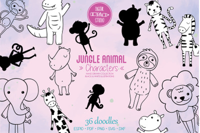 Jungle Animal Characters | Hand Drawn Elephant &amp; Lion  | Cute Tiger
