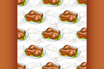 Seamless pattern chicken legs scetch and color