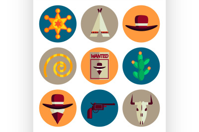 wild west flat icons set