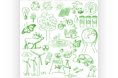 Ecology and recycle doodle icons set