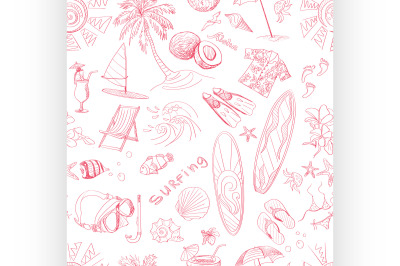 Pattern of doodle sketch Surfing icons.