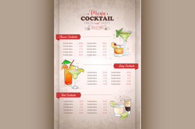 Drawing vertical color cocktail menu design