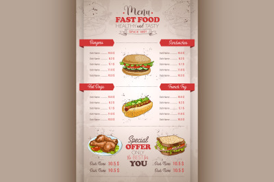 Drawing vertical color fast food menu design