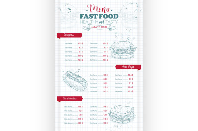 Drawing vertical scetch of fast food menu