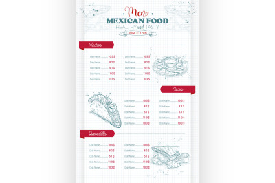 Drawing vertical scetch of mexican food menu