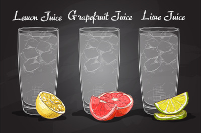 Glasses of juices on a blackboard