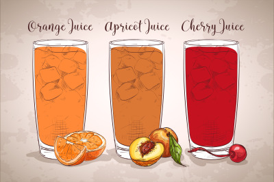 Glasses of juices on a retro background