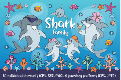 Shark family. Vector clip art and seamless patterns.