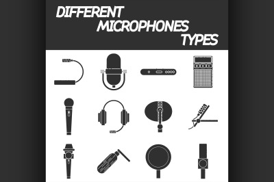 Different microphones types icons set