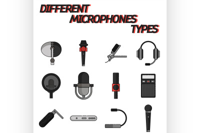 Different microphones types flat icon set