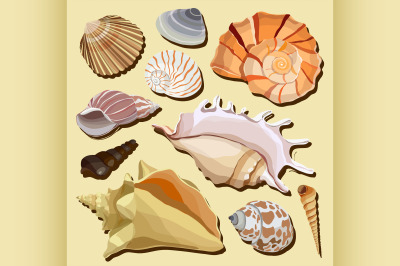 Set of isolated hand drawn seashell icons