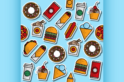 Hand drawn fast food colored pattern