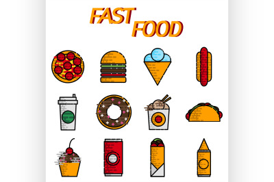 Fast food flat icon set