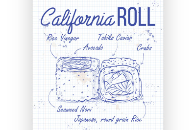 Vector sushi sketch, California rolls