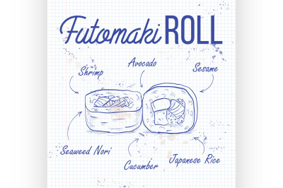 Vector sushi sketch, futomaki roll