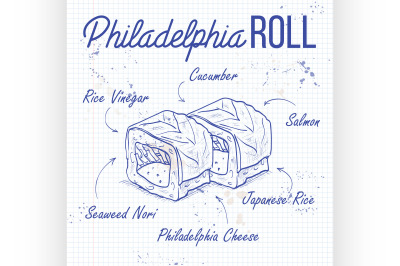 Vector sushi sketch, Philadelphia rolls