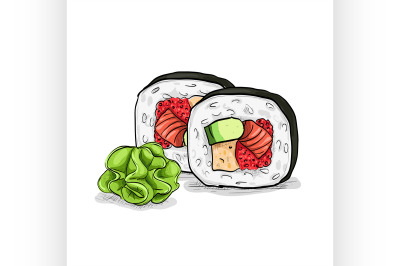 Vector sushi color sketch, Futomaki roll