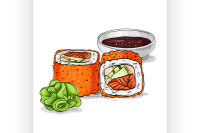 Vector sushi color sketch, California roll