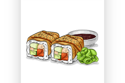 Vector sushi color sketch, Canada roll