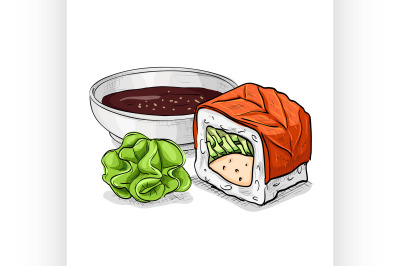 Vector sushi color sketch, Philadelphia roll