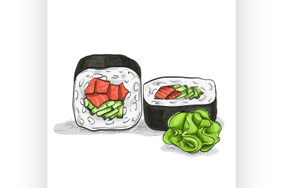 Vector sushi color sketch, UnakuiMaki roll