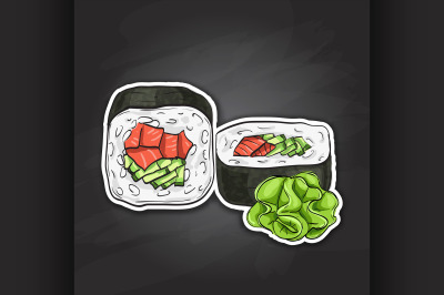 Vector sushi color sticker, UnakuiMaki roll