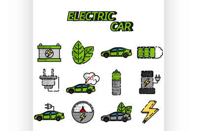 Electric car flat icon set